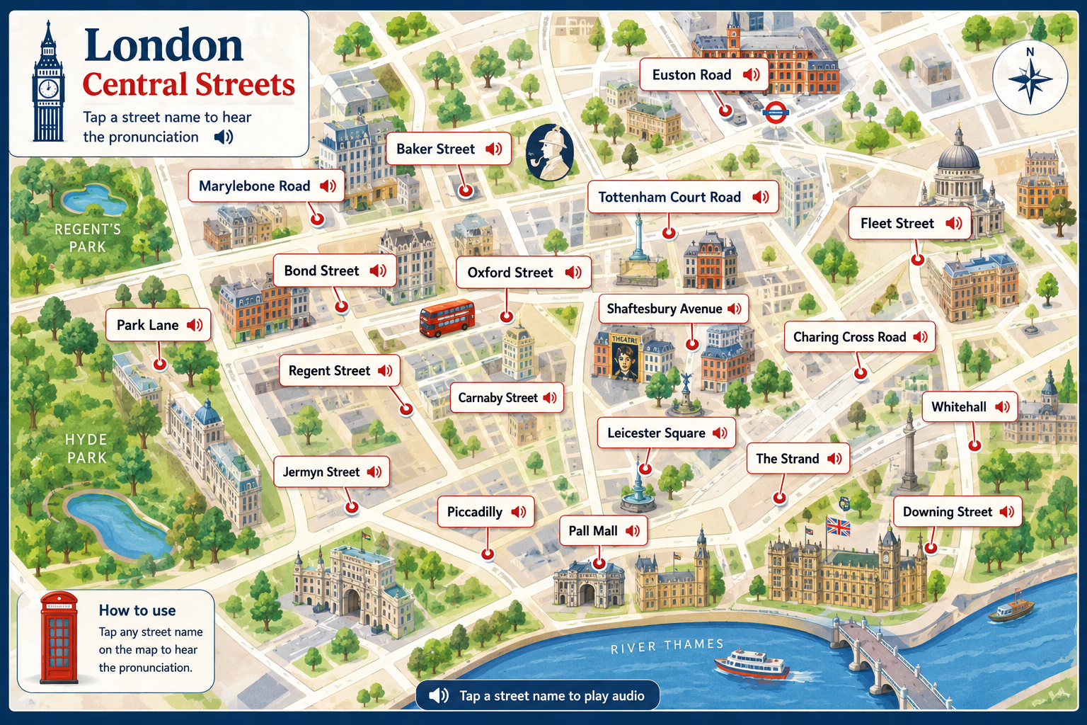 Stylised London tourist map with central street names